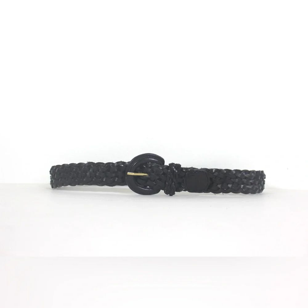 Vintage Black Woven Leather Belt, Adjustable Size Small Medium S M Narrow Mens - Picture 2 of 8